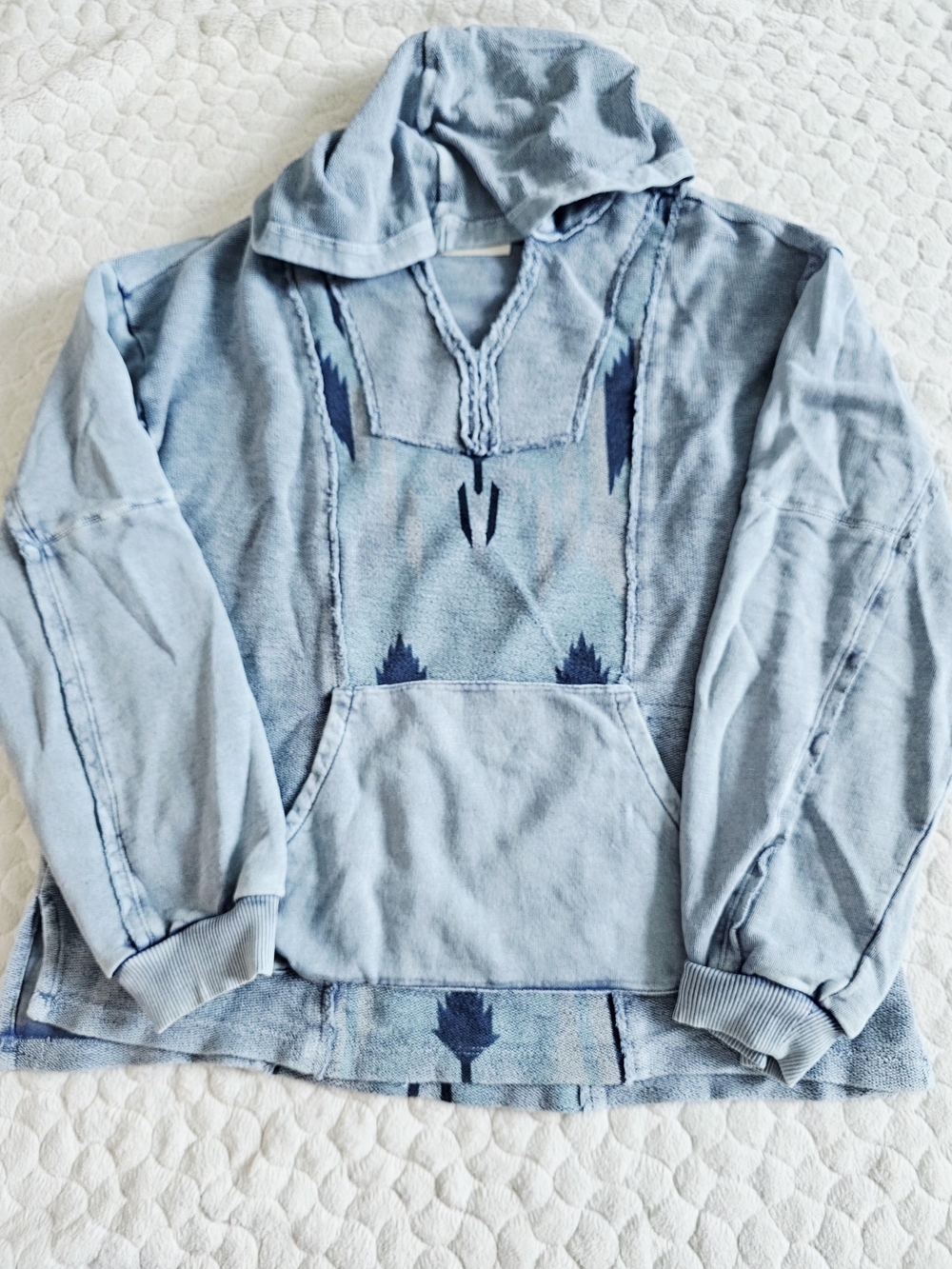 Lucky Brand Oversized Light Blue Hooded Baja Pullover with Navy Accents